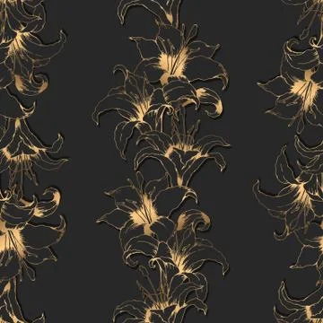 Seamless vector pattern with hand drawn gold lilies and leaves isolated on bl Stock Illustration