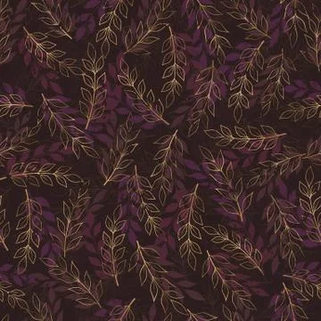 Seamless vector pattern with hand drawn gold tree branches and leaves. Floral Stock Illustration