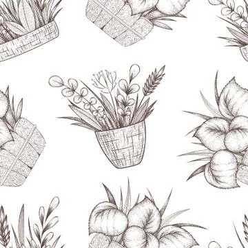 Seamless vector pattern with hand drawn vintage home decoration elements, hou Stock Illustration