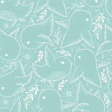 Seamless vector pattern with hand drawn branches, leaves, flowers and cute bi Stock Illustration