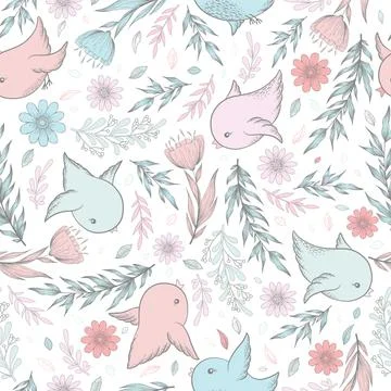 Seamless vector pattern with hand drawn branches, leaves, flowers and cute bi Stock Illustration