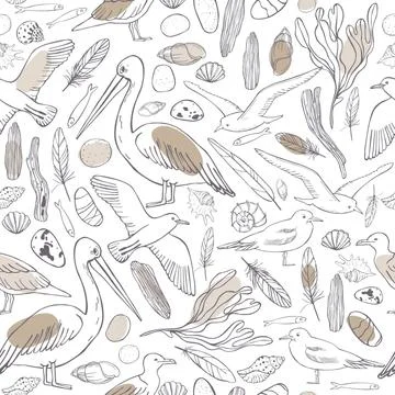 Seamless vector pattern with hand drawn seagulls and pelicans. Stockillustratie