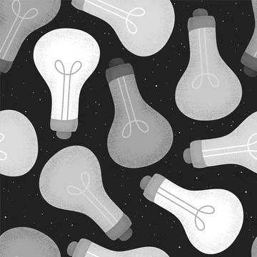 Seamless vector pattern with hand drawn textured light bulbs isolated on blac Stock Illustration