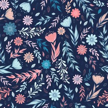 Seamless vector pattern with hand drawn floral elements, branches, leaves and Illustrazione stock