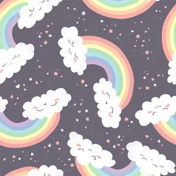 Seamless vector pattern with hand drawn cute cartoon rainbows, clouds and sta Stock Illustration
