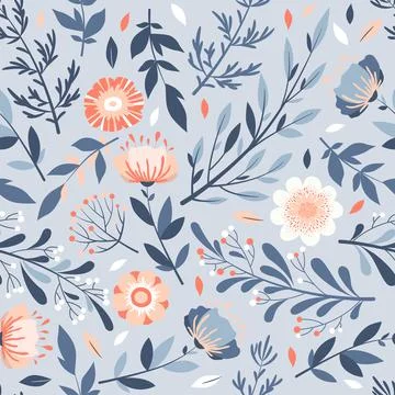 Seamless vector pattern with hand drawn colorful flowers, leaves and floral e Stock Illustration