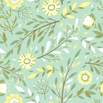 Seamless vector pattern with hand drawn colorful flowers, leaves and floral e Stock Illustration