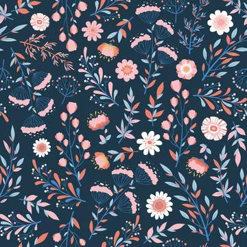Seamless vector pattern with hand drawn colorful flowers, leaves and floral e Stock Illustration