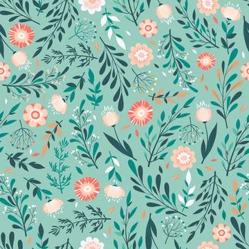 Seamless vector pattern with hand drawn colorful flowers, leaves and floral e Stock Illustration