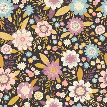 Seamless vector pattern with hand drawn colorful flowers, leaves and floral e Stock Illustration