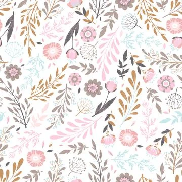 Seamless vector pattern with hand drawn colorful flowers, leaves and floral e Stock Illustration