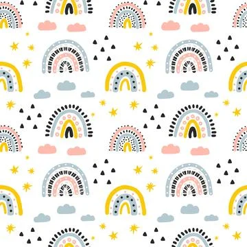 Seamless vector pattern with hand drawn rainbows. Trendy baby texture for fabric Stock Illustration