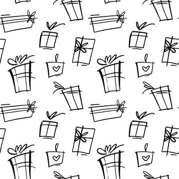 Seamless vector pattern with hand drawn gift boxes with bows, hearts and ri.. Stock Illustration