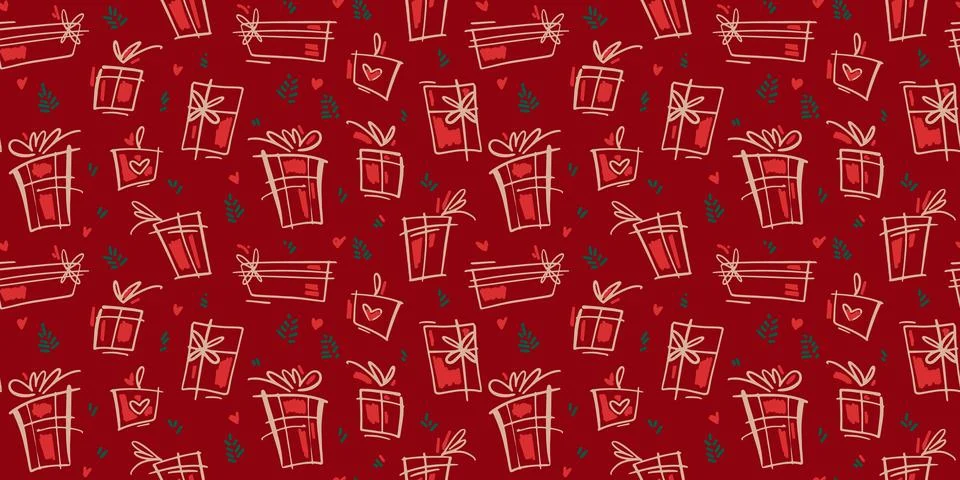 Seamless vector pattern with hand drawn gift boxes with hearts and ribbons on Stock Illustration