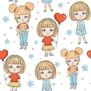 Seamless vector pattern with hand drawn beautiful cute little blonde girl with Stock Illustration