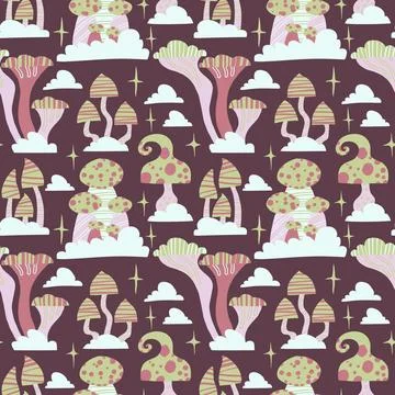 Seamless vector pattern of hand drawn cute psychedelic mushrooms. Design of.. Stock Illustration