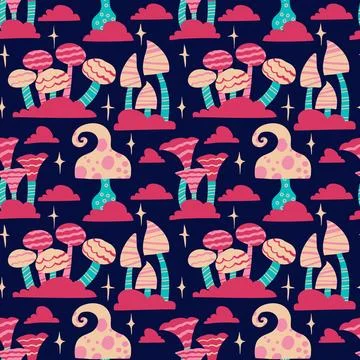 Seamless vector pattern of hand drawn cute psychedelic mushrooms. Design of.. Stock Illustration