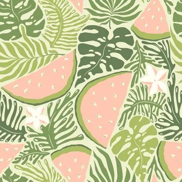 Seamless vector pattern with hand drawn abstract tropical plants, exotic fl.. Stock Illustration
