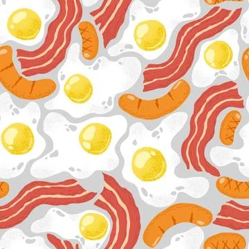 Seamless vector pattern with hand drawn abstract fried eggs, bacon, sausage.. Stock Illustration