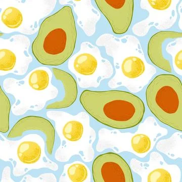 Seamless vector pattern with hand drawn abstract fried eggs and avocados is.. Stock Illustration