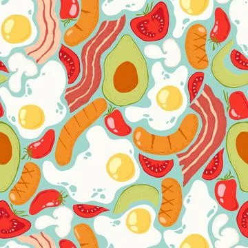 Seamless vector pattern with hand drawn abstract fried eggs, bacon, sausage.. Stock Illustration