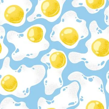 Seamless vector pattern with hand drawn abstract fried eggs isolated on blu.. Stock Illustration