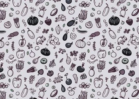 Seamless vector pattern with hand drawn fruits and vegetables on gray backg.. Stock-Illustration