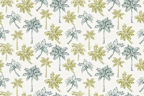 Seamless vector pattern of hand-drawn green and dark teal palm trees on a l.. Illustrazione stock