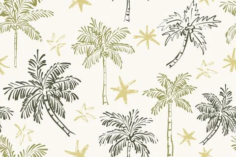 Seamless vector pattern of hand-drawn olive green and sage palm trees on a .. Ilustración de archivo