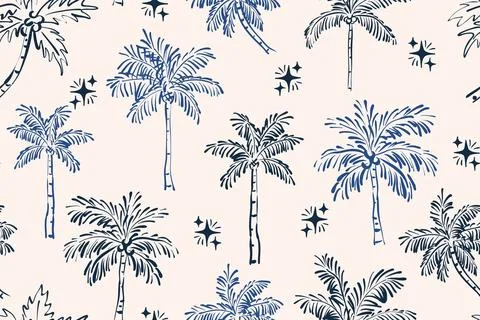 Seamless vector pattern of hand-drawn navy blue palm trees and stars on a c.. Stockillustratie