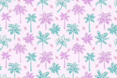 Seamless vector pattern of hand-drawn purple and teal palm trees on a light.. Stockillustratie