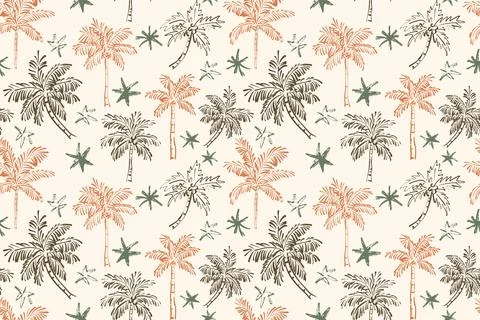 Seamless vector pattern of hand-drawn terracotta and dark green palm trees .. 스톡 일러스트