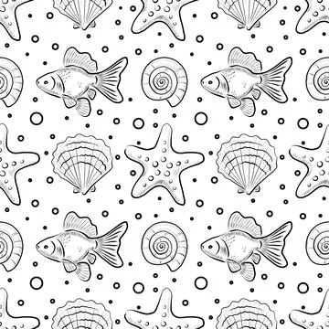 Seamless vector pattern with hand-drawn sea shells and fish in line art style Stock Illustration