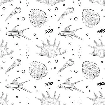 Seamless vector pattern with hand-drawn sea shells, bubbles and fish in line art Stock Illustration