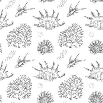 Seamless vector pattern with hand-drawn sea shells and fish in line art style Stock Illustration