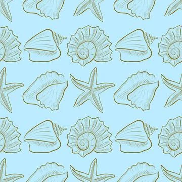 Seamless vector pattern with hand-drawn seashells and starfish on blue Stock Illustration