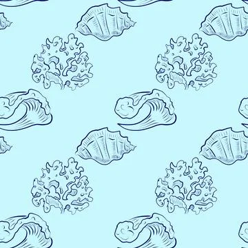 Seamless vector pattern with hand-drawn sea waves, shells and corals Stock Illustration