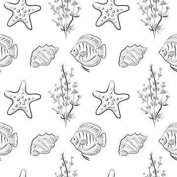 Seamless vector pattern with hand-drawn sea fish, shells and seaweed Stock Illustration