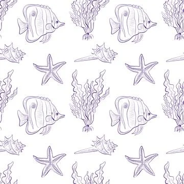 Seamless vector pattern with hand-drawn sea fish, shells and seaweed Stock Illustration