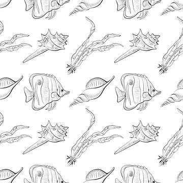 Seamless vector pattern with hand-drawn sea fish, shells and seaweed Stock Illustration
