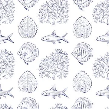 Seamless vector pattern with hand-drawn sea fish, shells and seaweed Stock Illustration