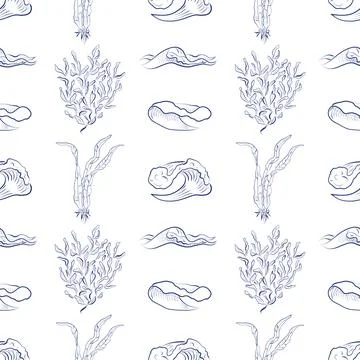 Seamless vector pattern with hand-drawn sea waves and seaweed in blue line art Stock Illustration
