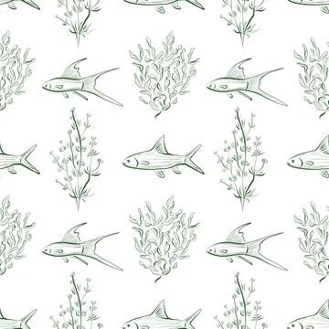 Seamless vector pattern with hand-drawn sea fish and seaweed in green line art Stock Illustration