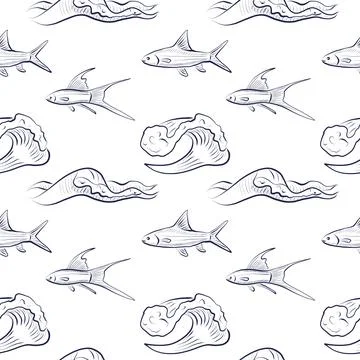 Seamless vector pattern with hand-drawn sea fish and ocean waves in line art Stock Illustration