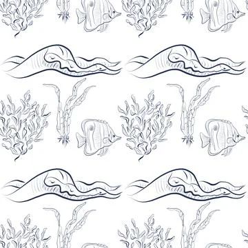 Seamless vector pattern with hand-drawn sea fish, waves and seaweed Stock Illustration