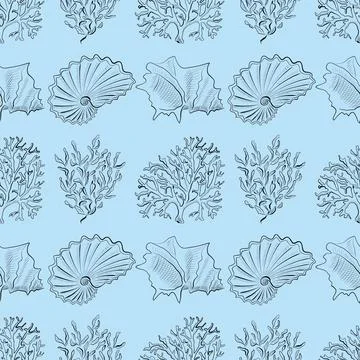 Seamless vector pattern with hand-drawn sea shells and corals on blue background Stock Illustration