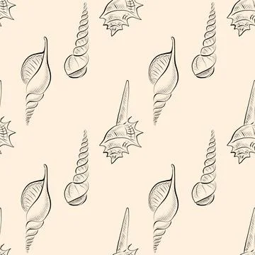 Seamless vector pattern with hand-drawn spiral seashells on beige background Stock Illustration
