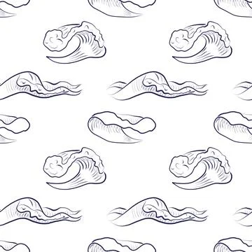 Seamless vector pattern with hand-drawn sea waves in blue line art Stock Illustration