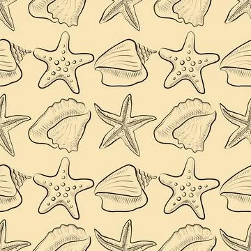 Seamless vector pattern with hand-drawn starfish, seashells on beige background Stock Illustration