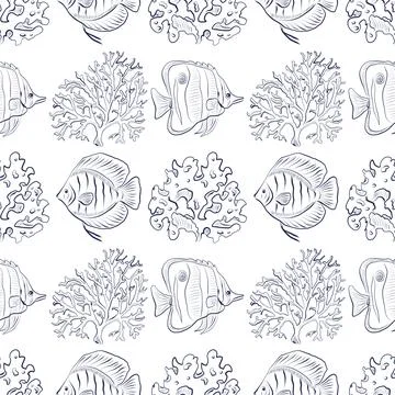 Seamless vector pattern with hand-drawn tropical fish and corals Stock Illustration